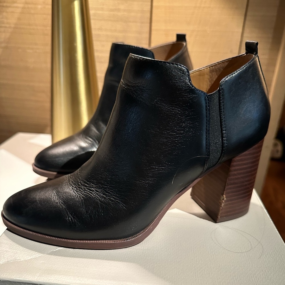 Franco Sarto Black Ankle Booties with Brown Heel
